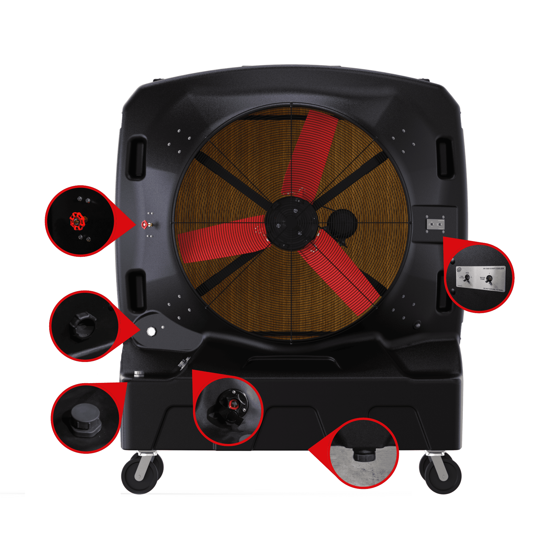 Diagram of a Evaporative Cooler and it's components, up to bottom and left to right: Water Flow Regulator Valve, Water Level Gauge and Pump Stop, Manual Reservoir Fill, Garden Hose Connection, Easy Access Drain Plug and Simple Control Panel