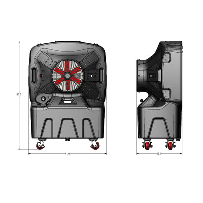 Diagram of the dimensions of SB Evaps's Portable Evaporative Cooler, back view (57x41in) and side view (25in)