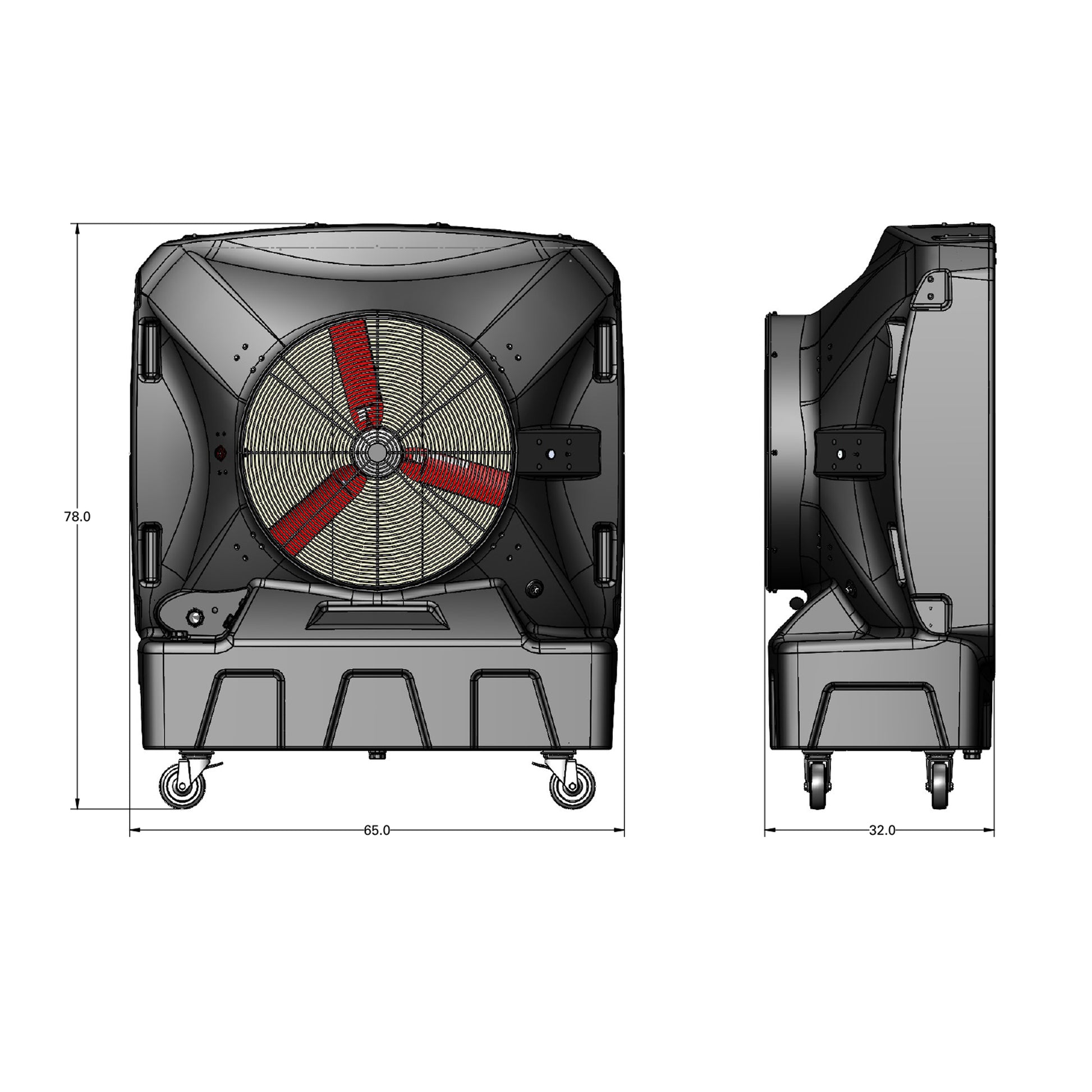 Diagram of the dimensions of SB Evaps's Portable Evaporative Cooler, back view (78x65in) and side view (32in)