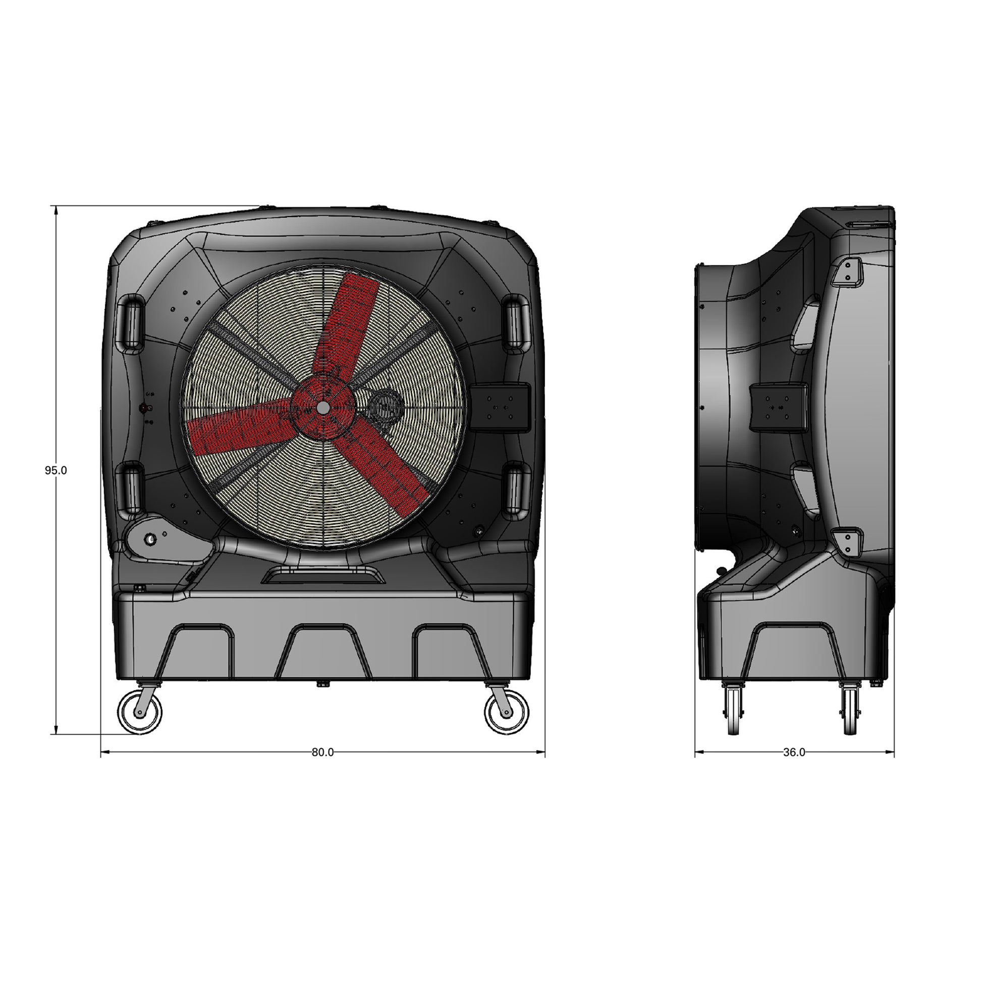 Diagram of the dimensions of SB Evaps's Evaporative Cooler, back view (95x80in) and side view (36in)