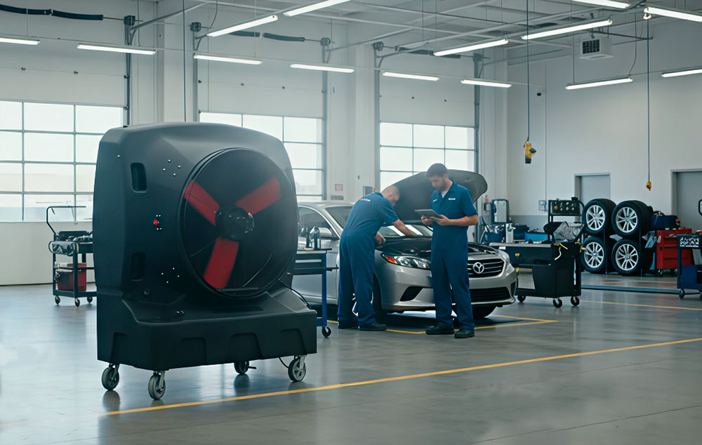 SB Evaps evaporative cooler at a dealership services with men fixing a car